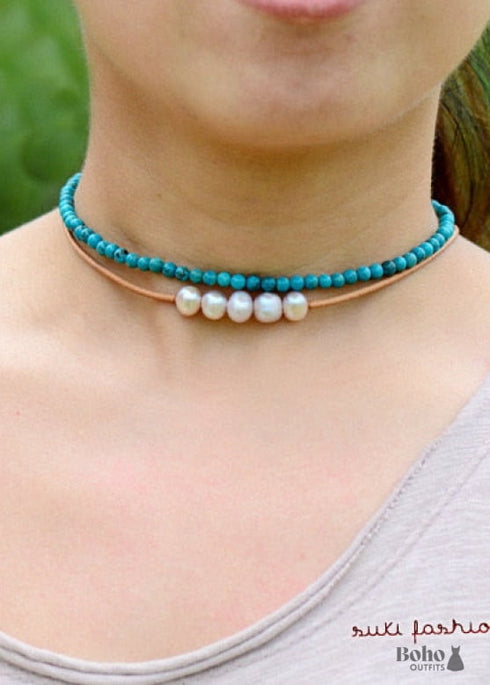 Boho Necklace, Choker Necklace, Blue and Green Natural Stones
